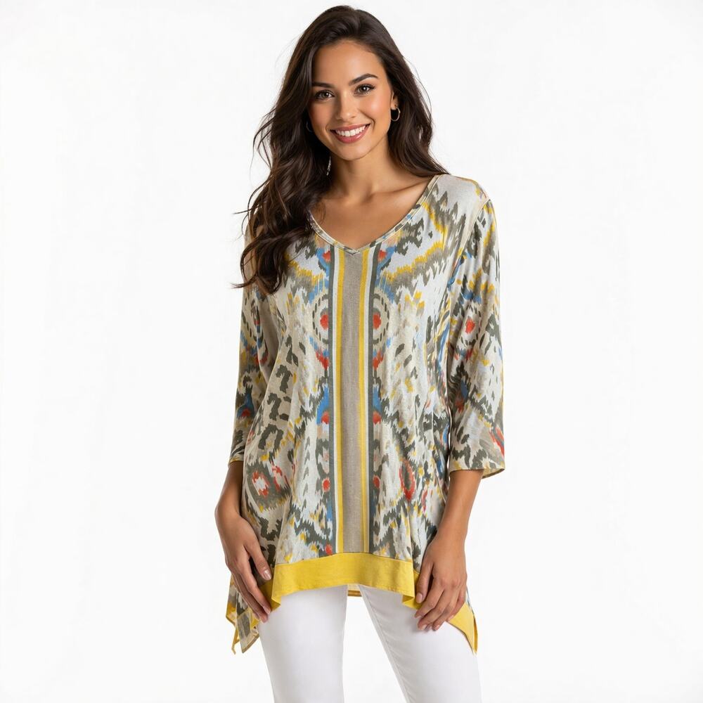 Chico’s Zenergy yellow pattern tunic top Large stretchy travel casual